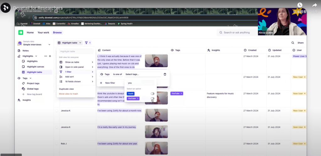 Dovetail的真正價值，在於 從 tag 到 insight 的過程。Dovetail 將相關 tags regroup，建立 insight summary，每個 insight 都能連回原始 evidence。使用者經驗研究員可以清楚指出是哪幾段使用者原話支持這個洞察，幫助專案團隊分析。