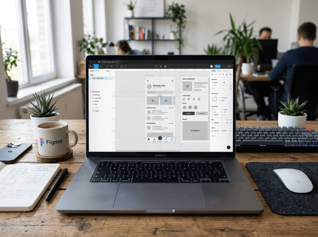 MacBook Pro showing Figma interface for UX design on wooden desk with plants and keyboard. ,AI 在「原型設計與線框圖(Wireframing)」階段的採用率出現了跳躍式成長,從過去的 20% 暴增至 57.3%。其中,Figma 及其周邊插件生態系在結構忠實度與組件規範(Design Systems)的適應力上,獲得了最高的專業評價。