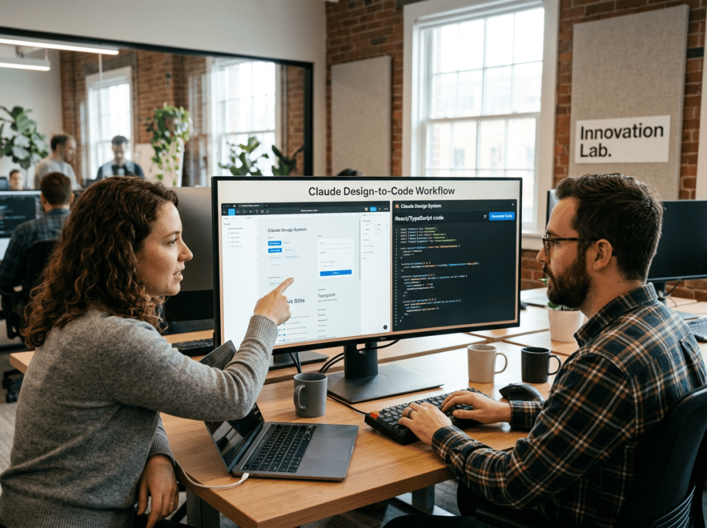 Two software developers working together on design and code on a large monitor