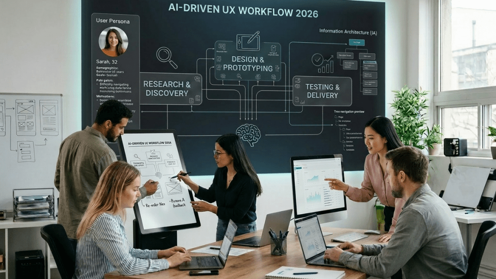 Team discussing AI-driven UX workflow 2026 displayed on screen and digital board