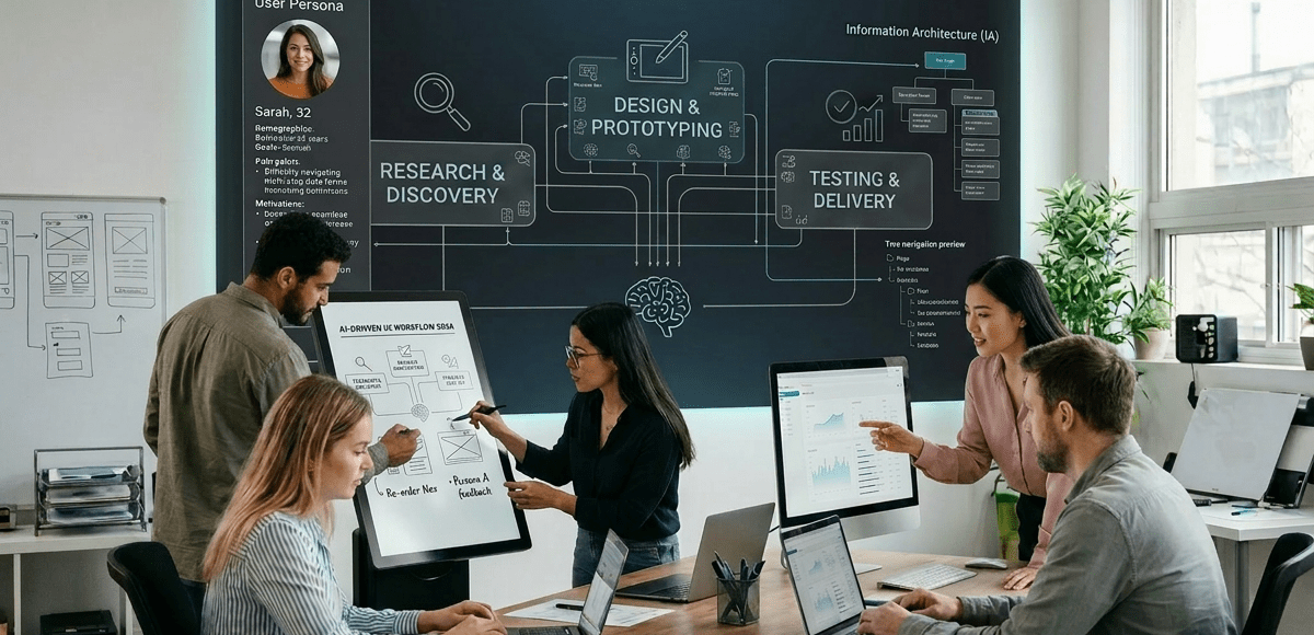 Team discussing AI-driven UX workflow 2026 displayed on screen and digital board