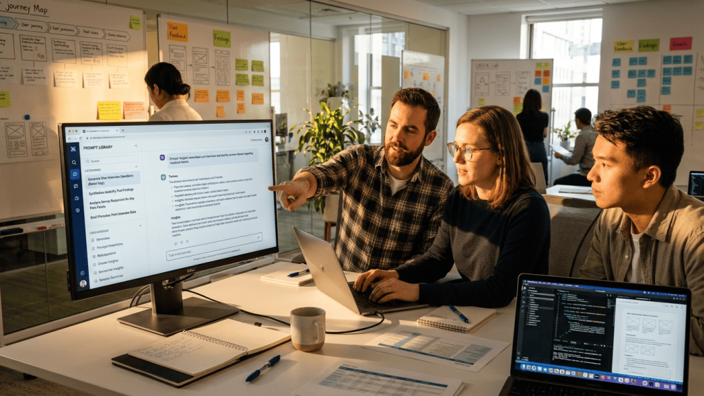 Product team collaborating around screens, laptops, and journey mapping boards
