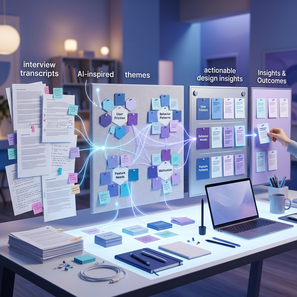 Research workflow showing interview transcripts, AI-inspired themes, design insights, and outcomes